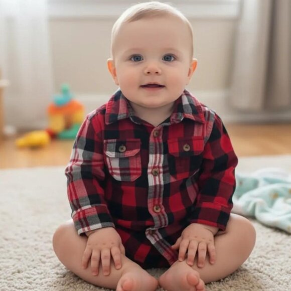 Joe Fresh Flannel Plaid Button-Down Roll-Up Sleeves 3-6 Months - Picture 1 of 8